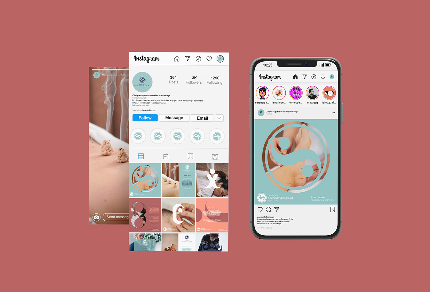 Conception graphique publications Instagram pour la Clinique d'acupuncture sociale d'Hochelaga, design corail et turquoise