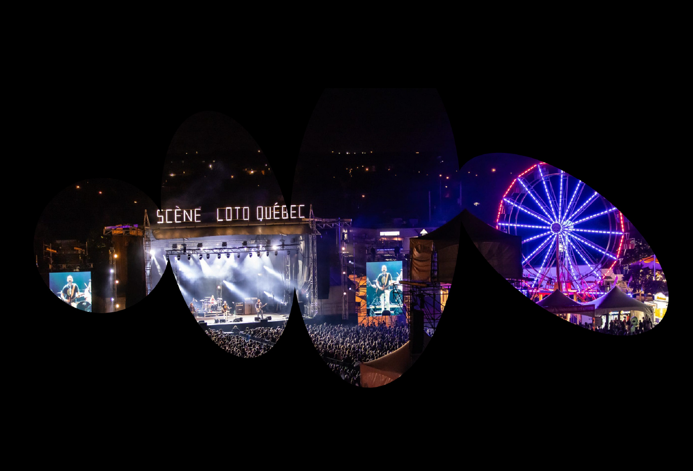 Concert extérieur nocturne sur la Scène Loto-Québec avec foule et grande roue, visuel événementiel Lumin-ART Productions