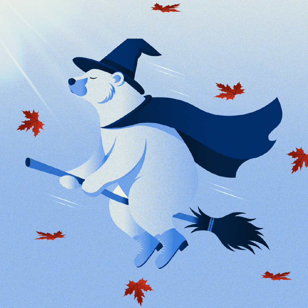 Illustration vectorielle d'un ours polaire volant dans le ciel sur un balai de sorcière. L'ours porte une cape et un chapeau de sorcière. Illustration amusante pour enfant.