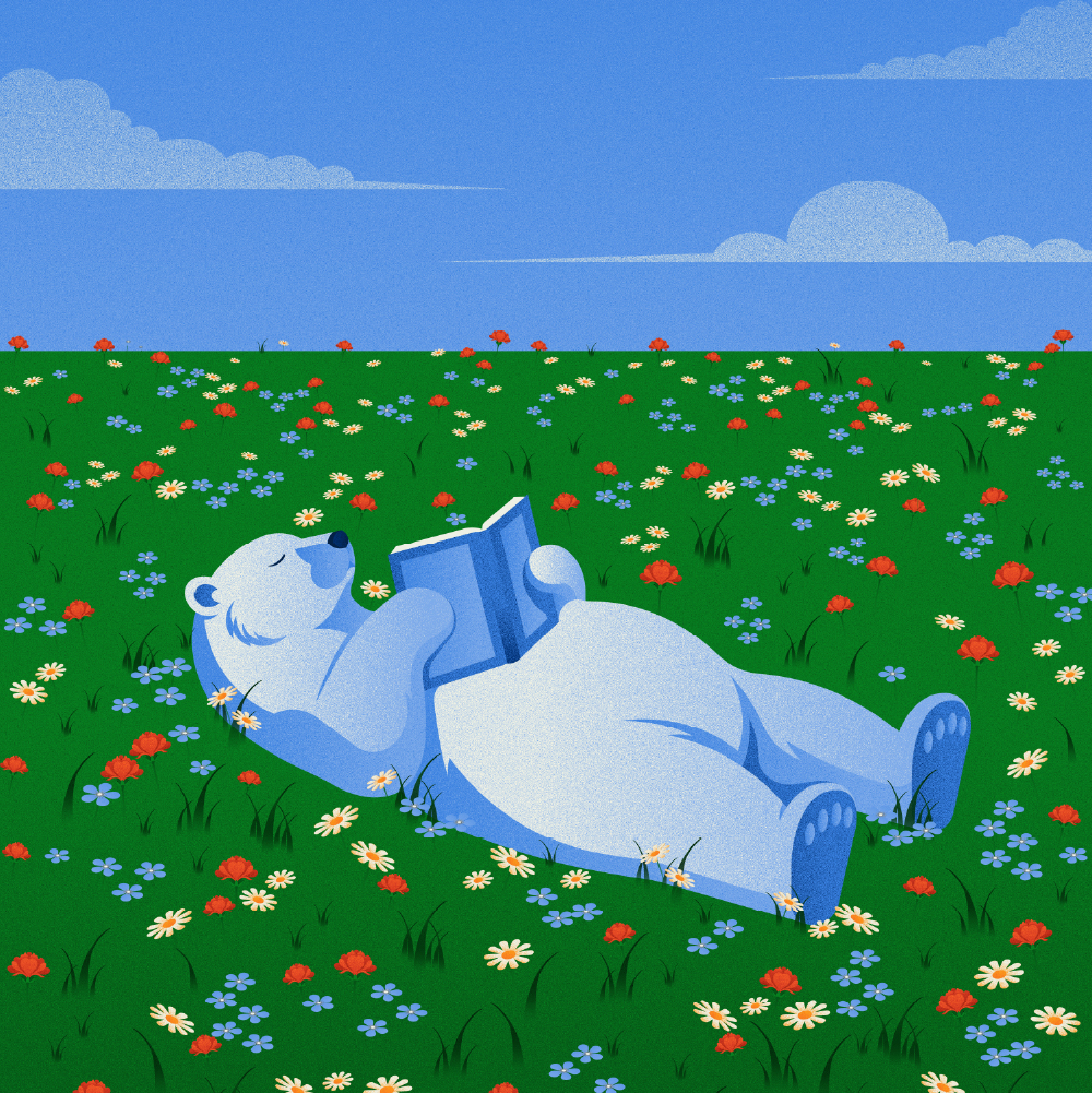 Illustration vectorielle d'un ours polaire qui lit un livre allongé dans un champs de fleur.