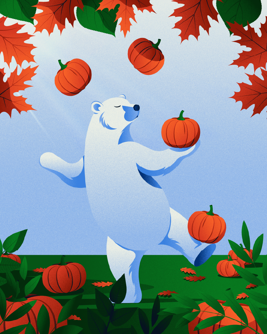 Illustration d'un ours qui jongle avec des citrouille. Illustration pour enfant amusante, dans le cadre de halloween.