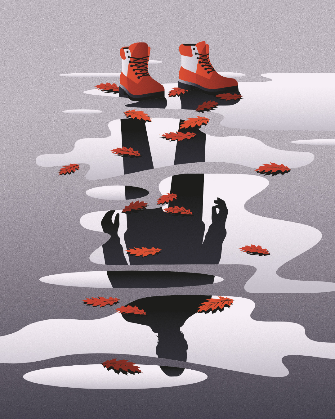 Illustration conceptuelle éditoriale dans le cadre de la Nuit des Sans-Abri, une silhouette qui se réflète dans une flaque d'eau avec une paire de chaussure vide