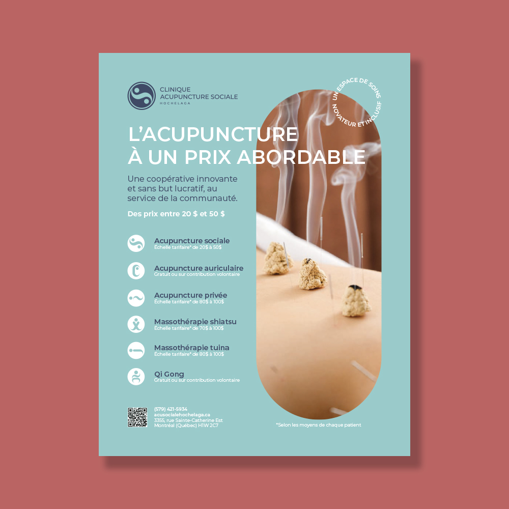 Affiche Clinique acupuncture sociale d'Hochelaga, 'L'acupuncture à un prix abordable', design turquoise avec liste des services et photo de séance