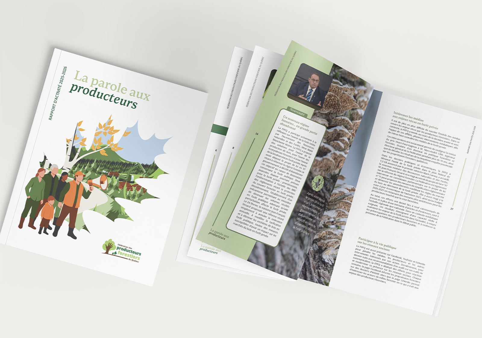 Mise en page éditoriale d'un rapport d'activité – typographie sérif élégante, palette verte naturelle, grille de mise en page et direction artistique par un designer graphique