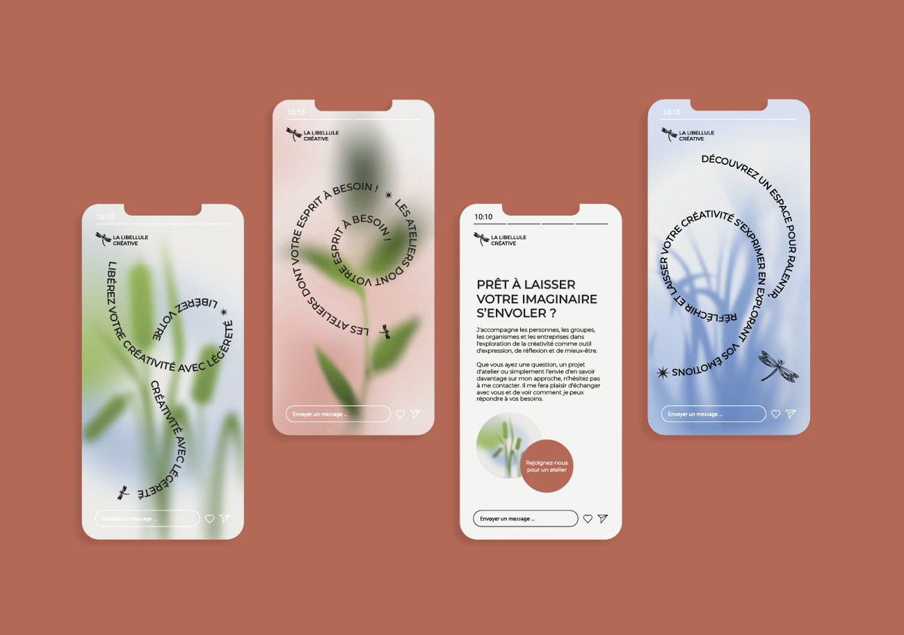 Mockup de stories Instagram pour l'identité visuelle de La Libellule Créative - quatre écrans mobiles avec typographie circulaire, illustrations botaniques et libellule