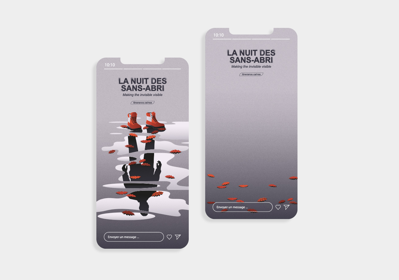 Story Instagram pour la campagne La Nuit des Sans-Abri – design conceptuel sombre et symbolique, illustration minimaliste d'une silhouette qui se reflète dans des flaques d'eau, contraste fort avec des bottes sans personne et feuilles rouge vif, esthétique poignante et épurée