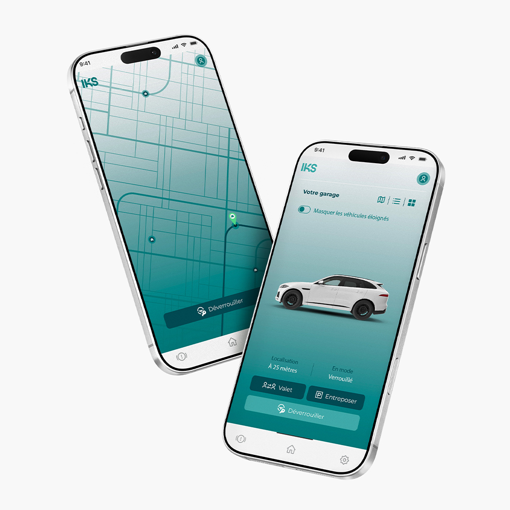 Mockup application mobile IKS sur deux smartphones, interface de géolocalisation et gestion de véhicules - design par Fanny Gonzalez, Agence ANCRE